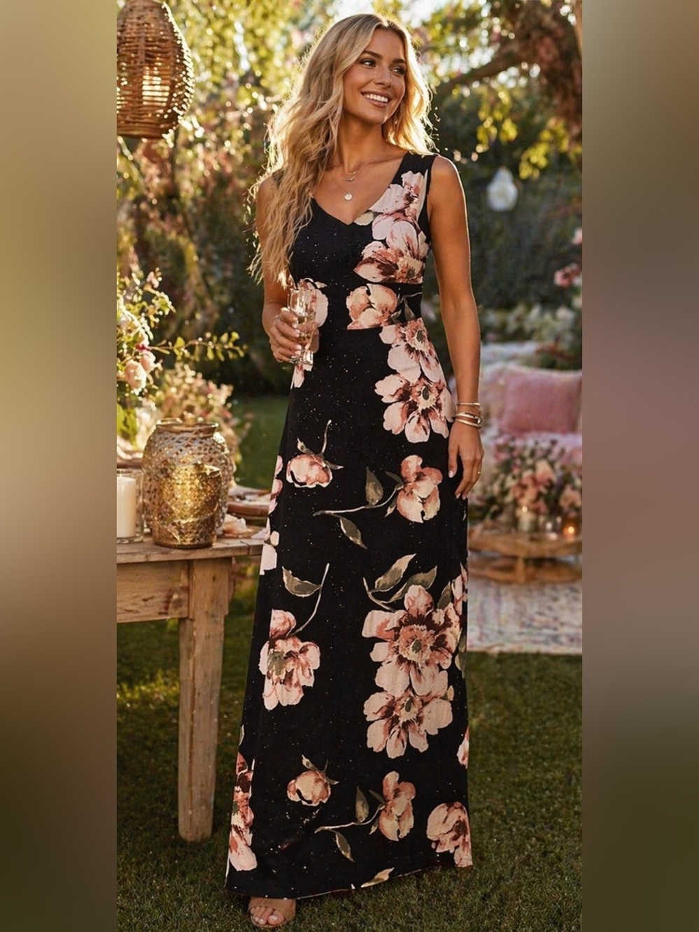 VTG Y2K Floral Pink Sparkle Black Sleeveless Event Prom Long Dress Gown Size 11